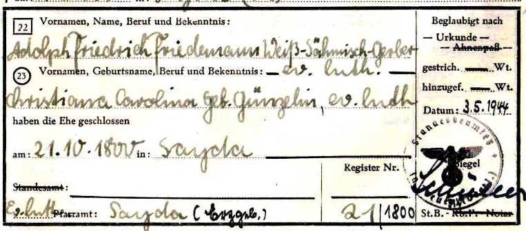 Familienforschung: Adolf Friedrich Friedemann aus  Schönfeld bei Sayda in Sachsen.