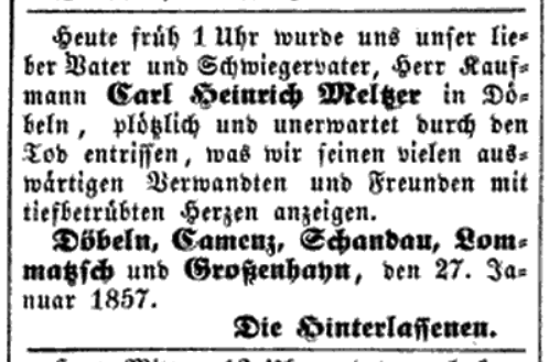 Familienchronik Dobeln/ Sachsen: Carl Heinrich Meltzer, Kaufmann in Döbeln, sächs. Landtagsabgeordneter.