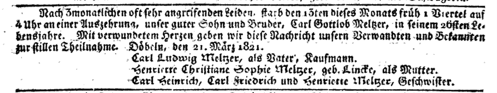Traueranzeige der Familie Carl Ludwig Meltzer aus Döbeln, 1821 Leipziger Zeitung