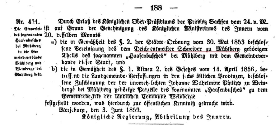 Deichrentmeister Adolph Ferdinand Schneider, Amtsblatt der kgl. Regierung zu Merseburg vom 11. Juni 1859.
