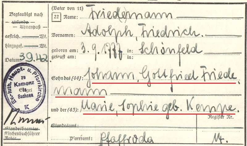 Familienforschung Friedemann/ Kempe, Schönfeld bei Paffroda.