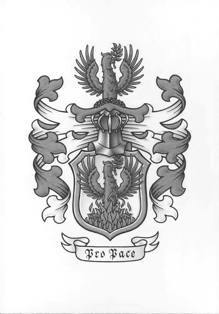 Familienchronik Sachsen: Das von Kaiser Maximilian II. an Georg von Fabricius verliehene Wappen mit rotem Phönix und Lorbeerzweig.