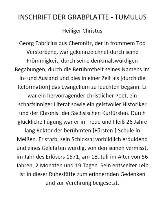 Grabinschrift des Georg Fabricius, St. Afra Kirche Meißen, Sachsen.