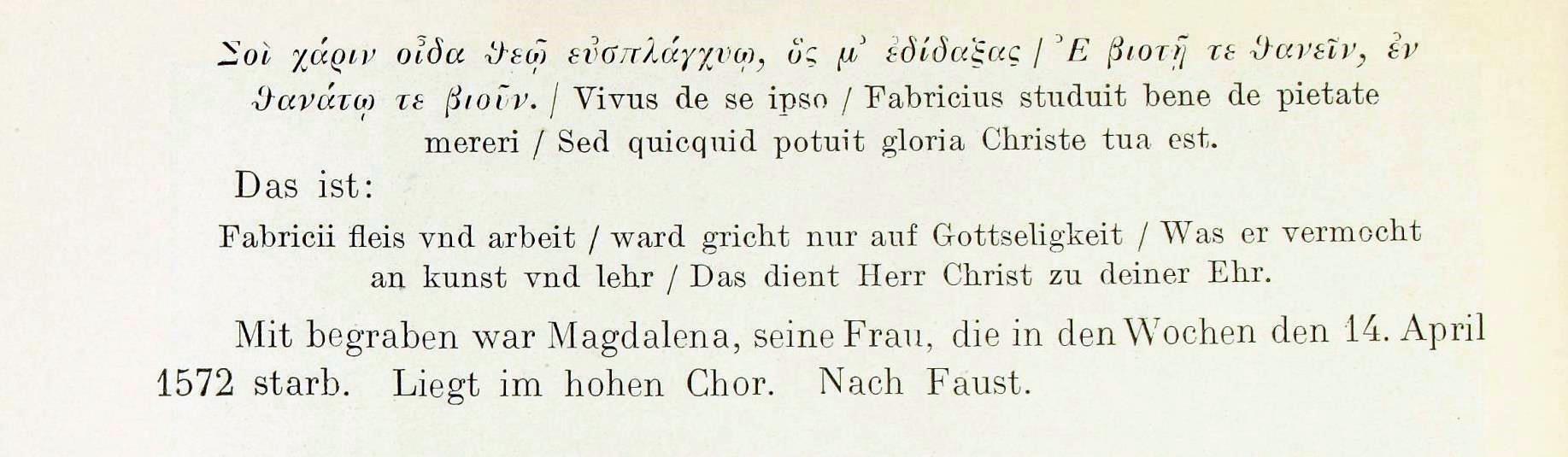 Text des Epitaphs von Georg Fabricius in der St. Afra Kirche in Meißen, Sachsen.