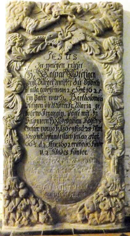 Familienchronik Döbeln in Sachsen: Grabplatte des Döbelner Bürgermeisters Caspar Steffgen (Stefigen) in der Stadtkirche Döbeln