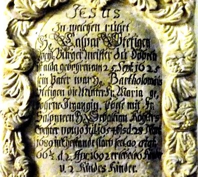 Bartholomäus Steffgen und Maria Irrgang erwähnt auf der Grabplatte ihres Sohnes Bürgermeister Caspar Steffgen aus Döbeln in Sachsen.