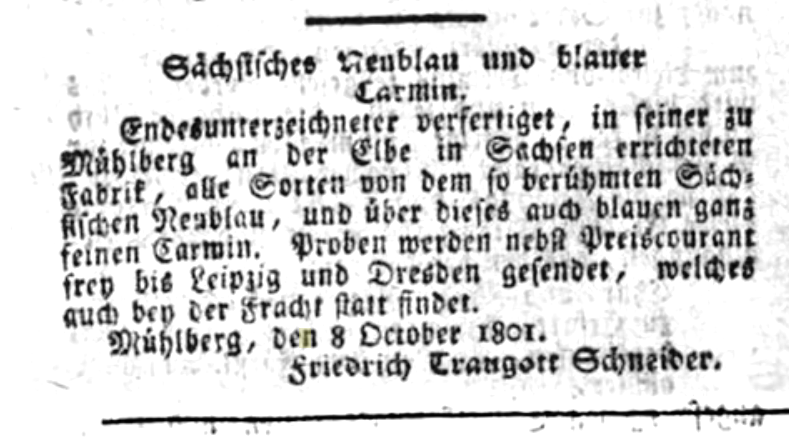 Anzeige aus dem Jahr 1801 des Tuchmachers Friedrich Traugott Schneider, Mühlberg/ Elbe.