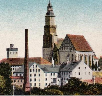 Tuchfabrik Oskar Müller in Kamenz, Sachsen; hist. Postkarte, Ausschnitt.